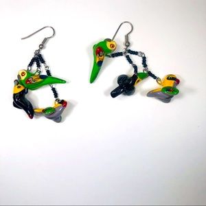 VINTAGE Bird Bead Earrings Parrots Green Yellow